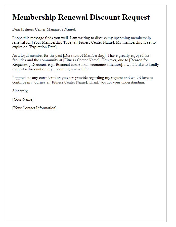 Letter template of fitness center membership renewal discount request.