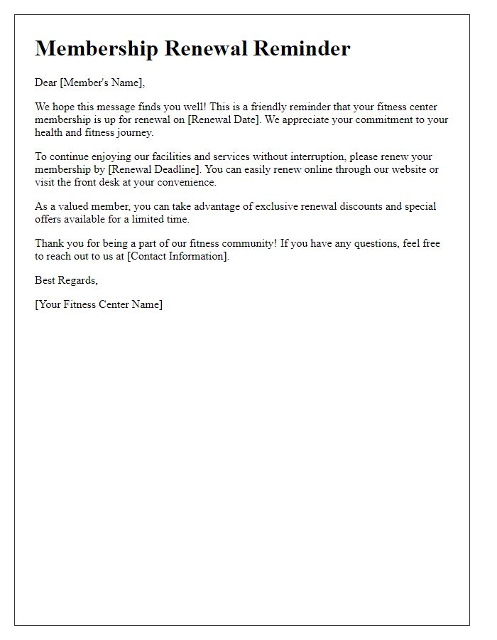 Letter template of fitness center membership renewal reminder.