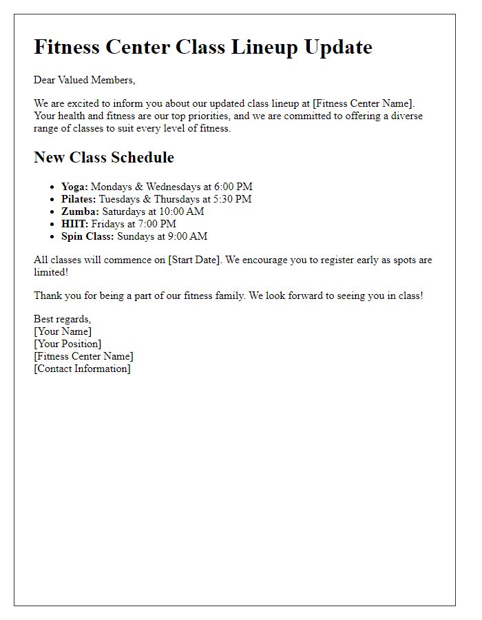 Letter template of fitness center class lineup update