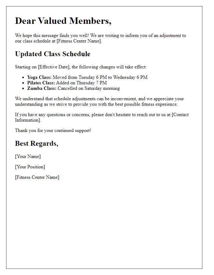 Letter template of fitness center class schedule adjustment notification