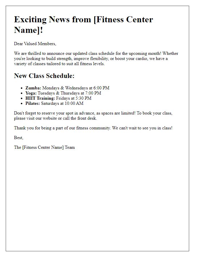 Letter template of fitness center class schedule announcement