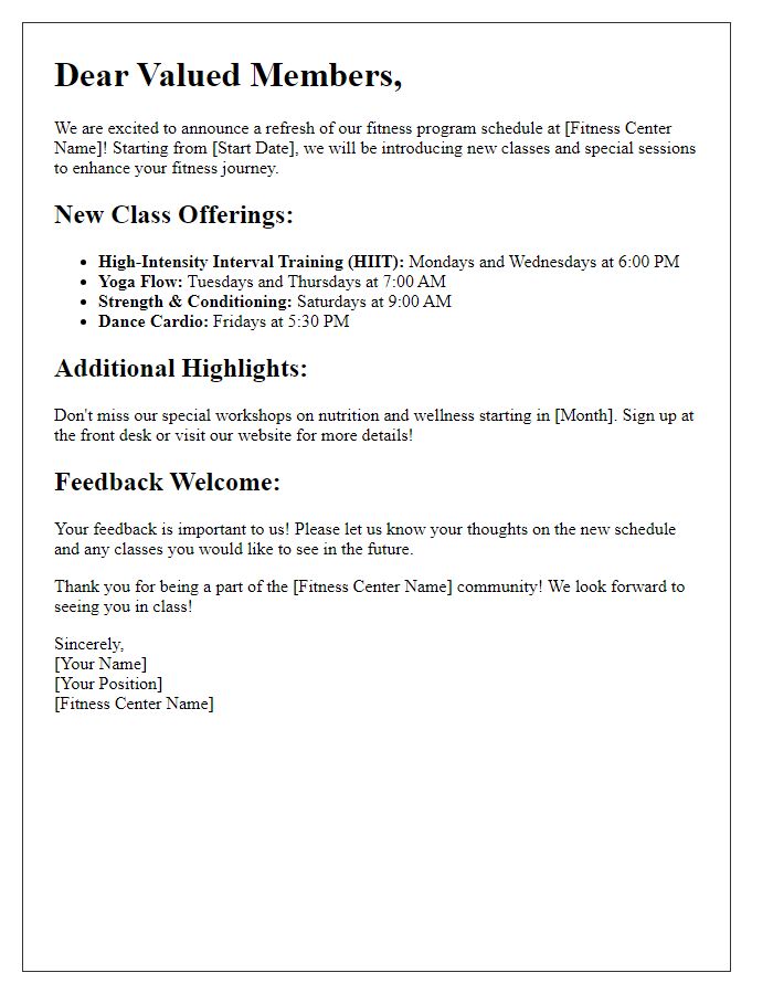 Letter template of fitness center program schedule refresh