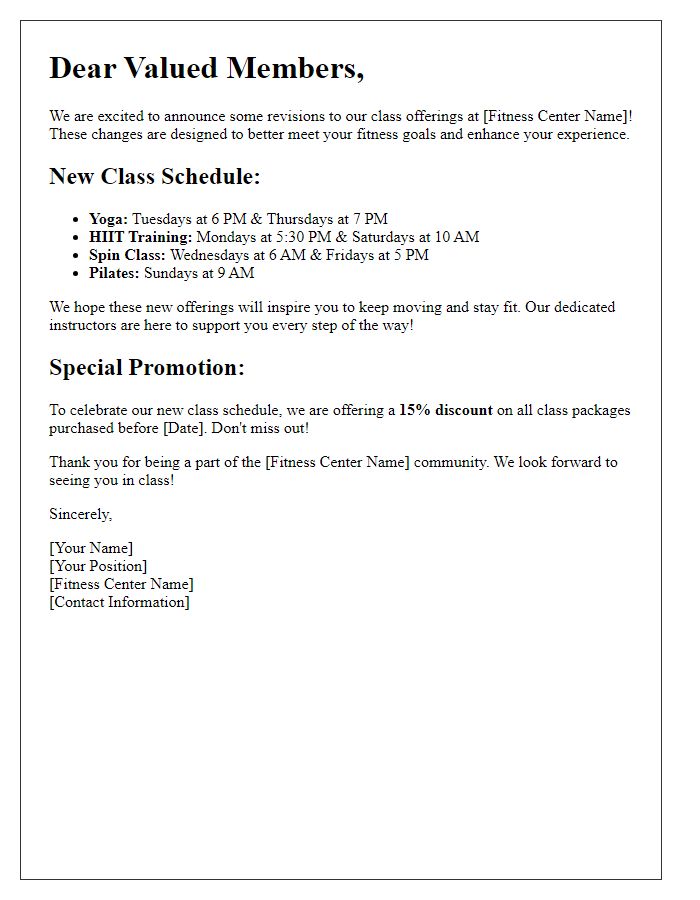 Letter template of fitness center revised class offerings