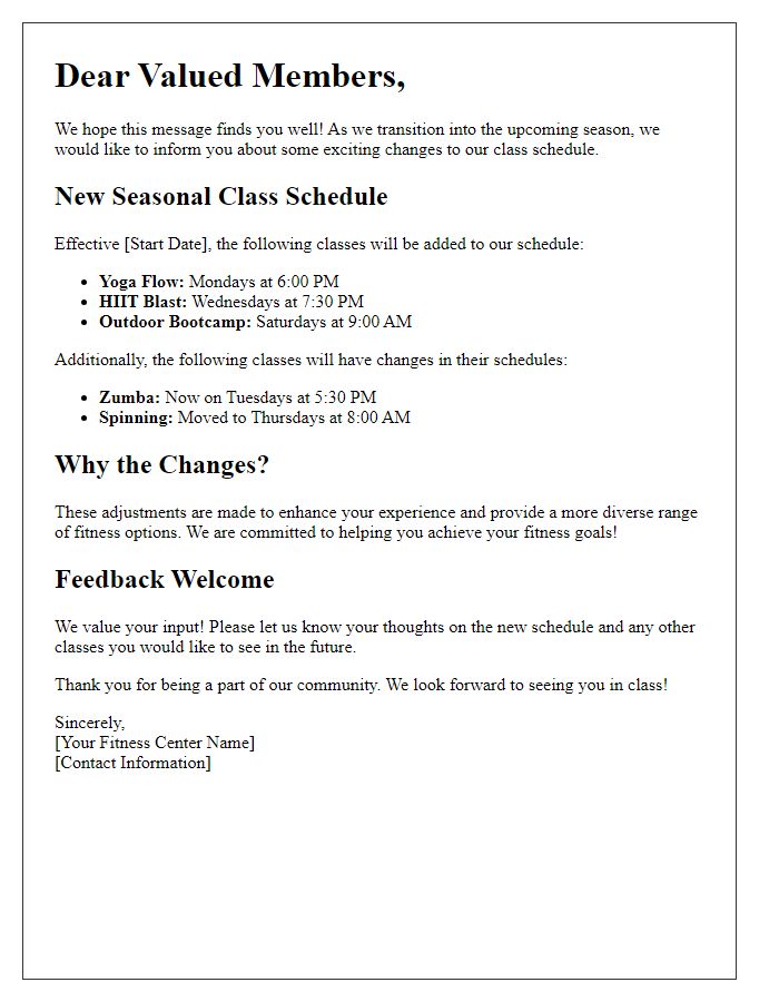 Letter template of fitness center seasonal class schedule changes