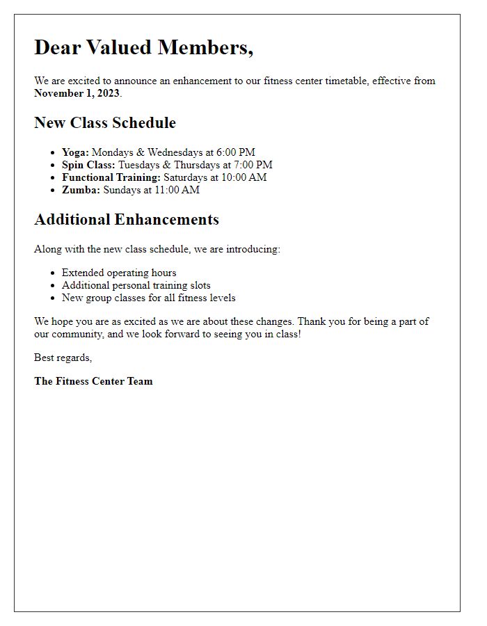 Letter template of fitness center timetable enhancement details