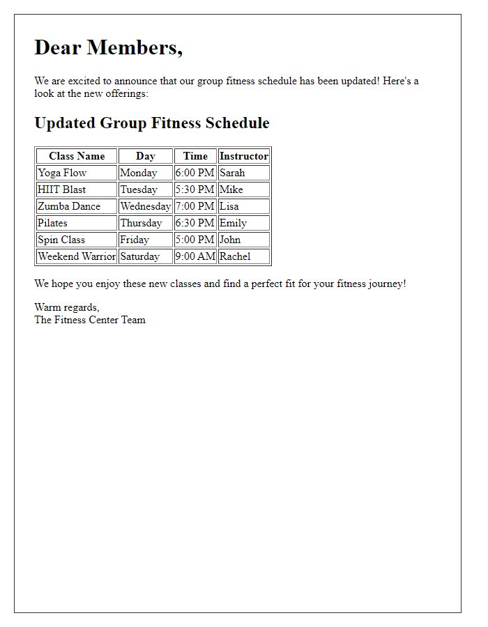 Letter template of fitness center updated group fitness schedule