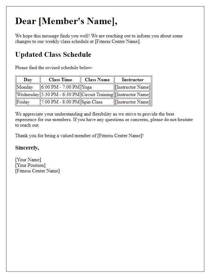 Letter template of fitness center weekly class schedule modification