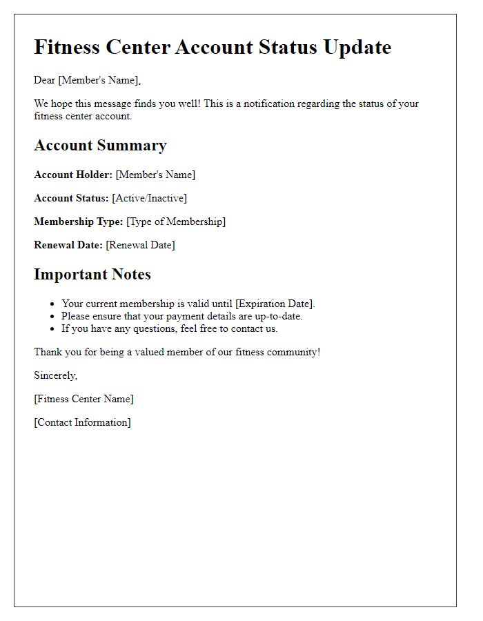 Letter template of fitness center account status update