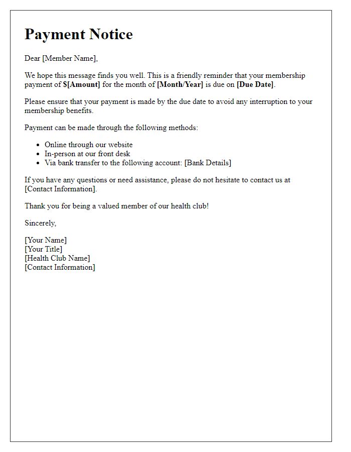 Letter template of health club payment notice