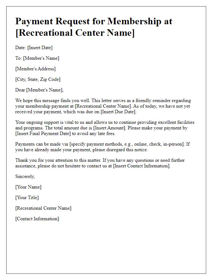 Letter template of recreational center payment request