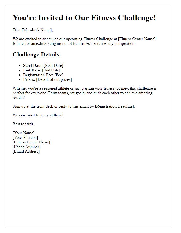 Letter template of fitness center fitness challenge invitation