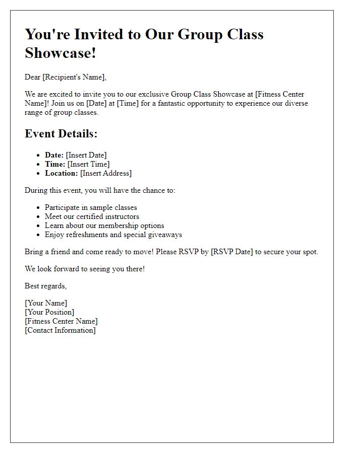 Letter template of fitness center group class showcase invitation