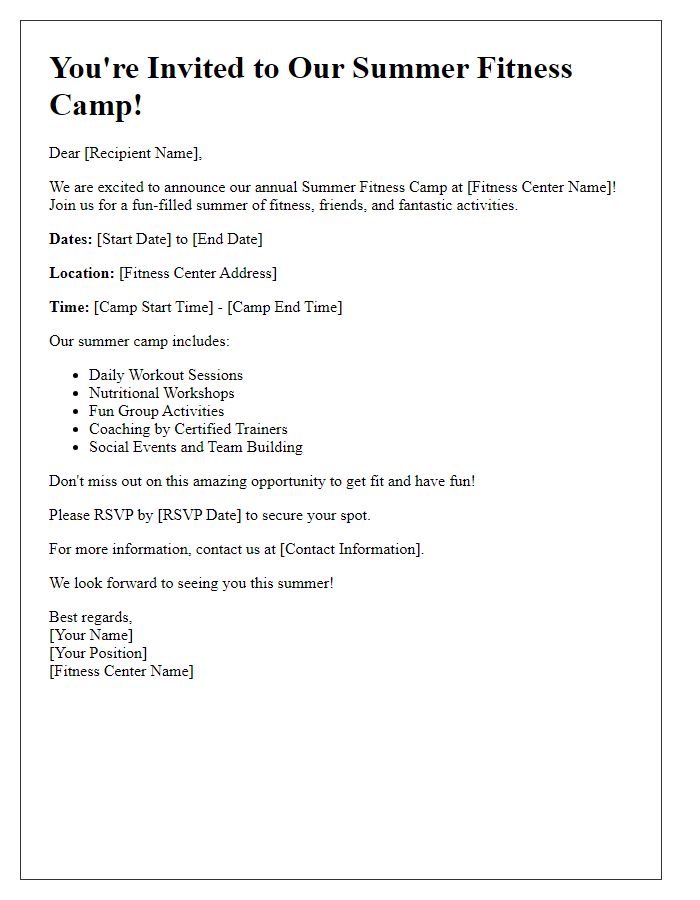 Letter template of fitness center summer camp invitation