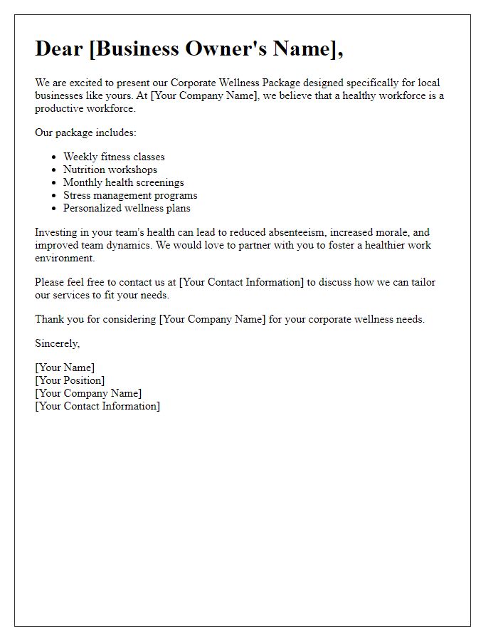 Letter template of corporate wellness package for local businesses