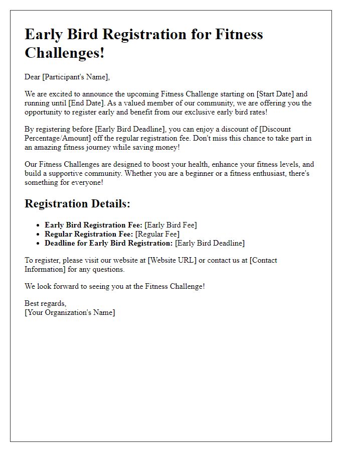 Letter template of early bird registration for fitness challenges