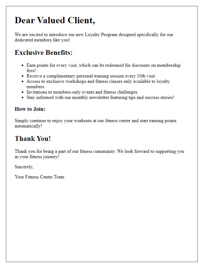 Letter template of loyalty program benefits for fitness center clients