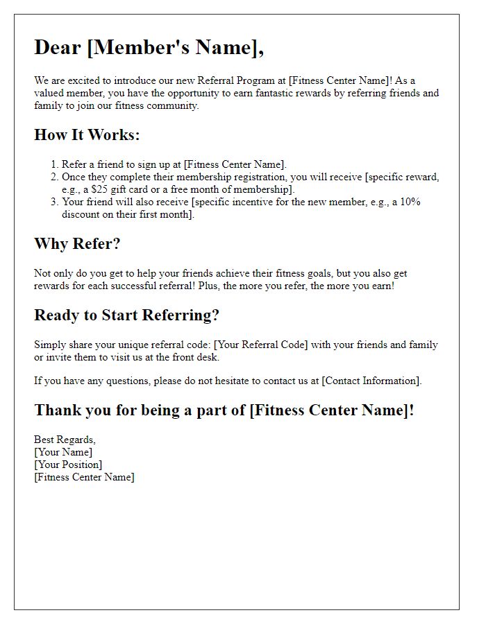 Letter template of referral program rewards for fitness center members