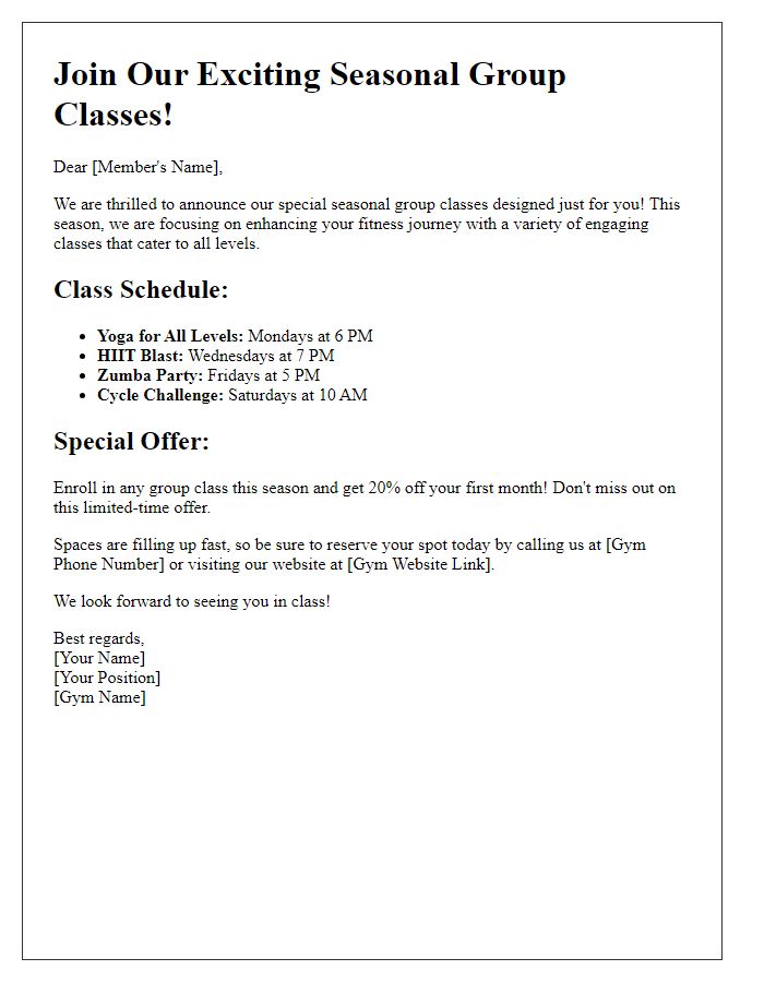 Letter template of seasonal group class special at our gym