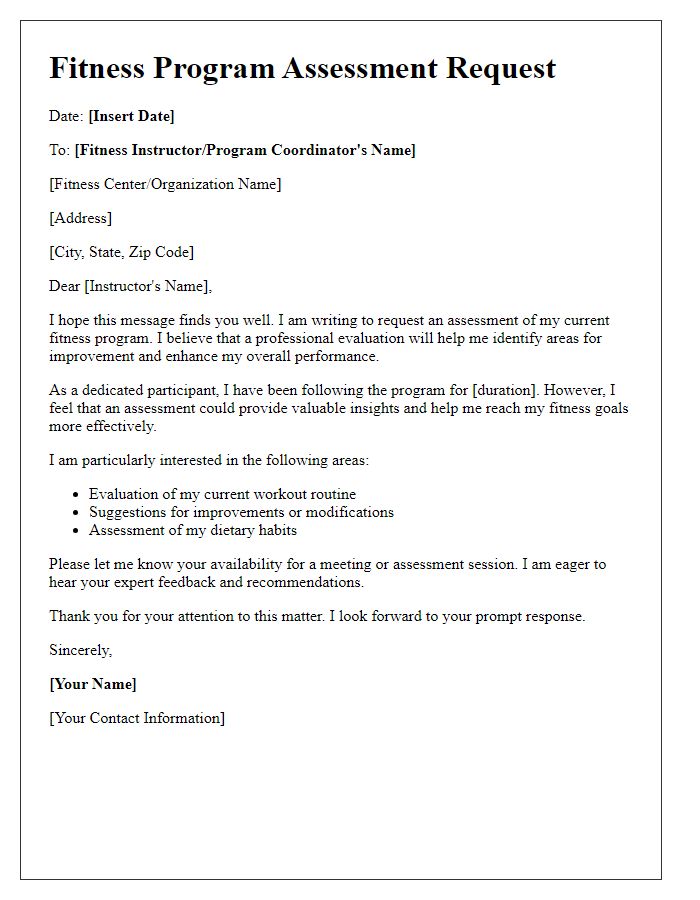 Letter template of fitness program assessment request