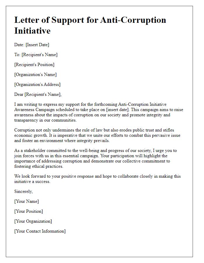 Letter template of anti-corruption initiative awareness campaign