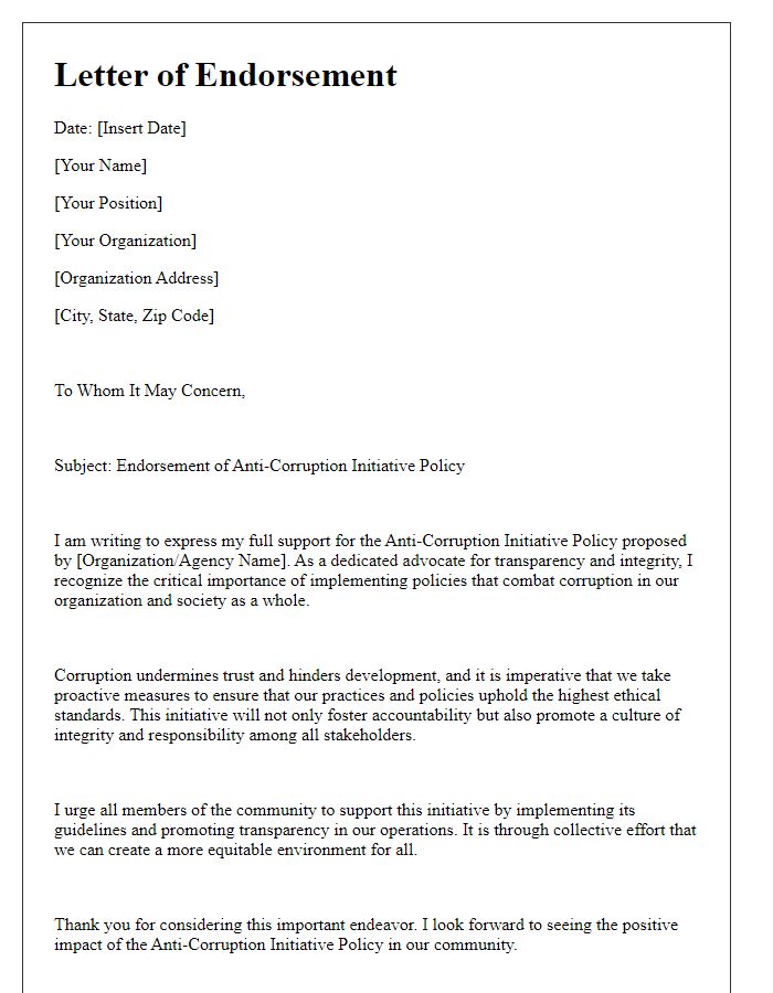 Letter template of anti-corruption initiative policy endorsement