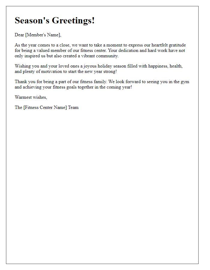 Letter template of festive greetings for fitness center members