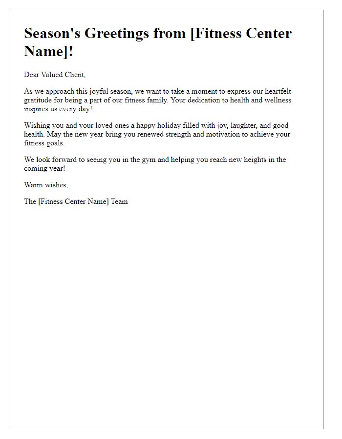 Letter template of joyful season's greetings for fitness center clients