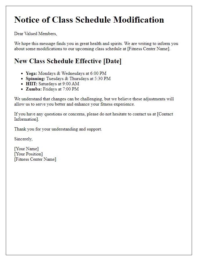 Letter template of fitness center class schedule modification