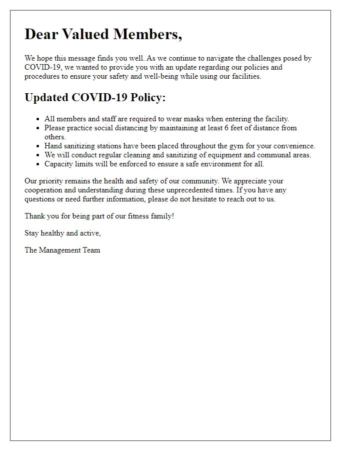 Letter template of fitness center COVID-19 policy update