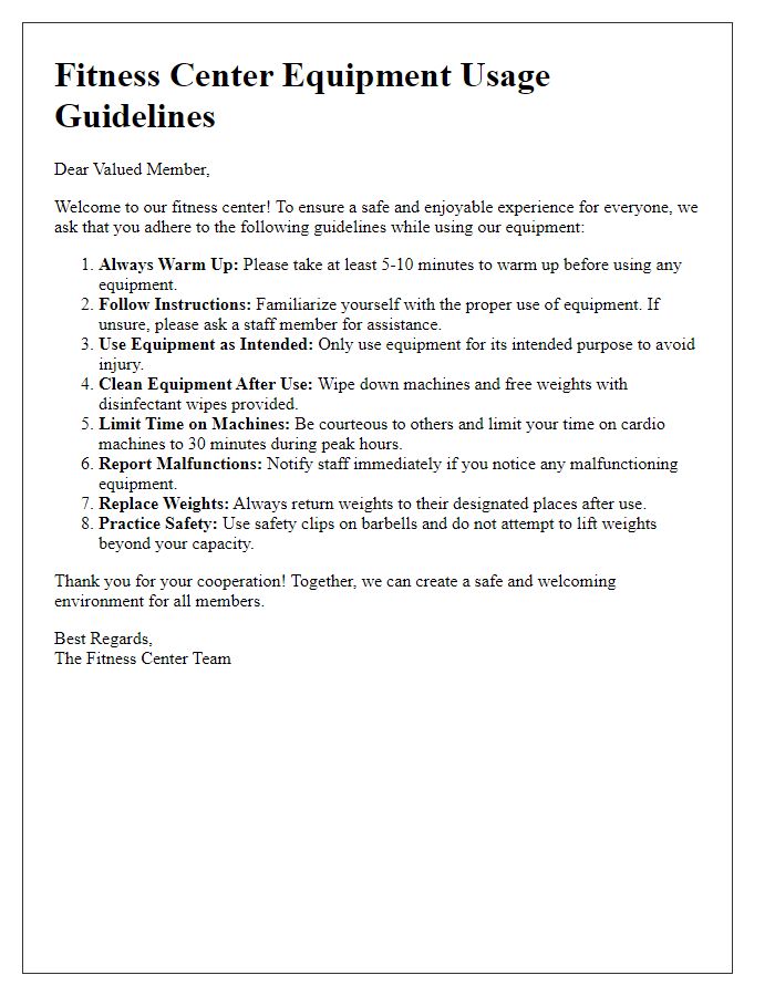 Letter template of fitness center equipment usage guidelines