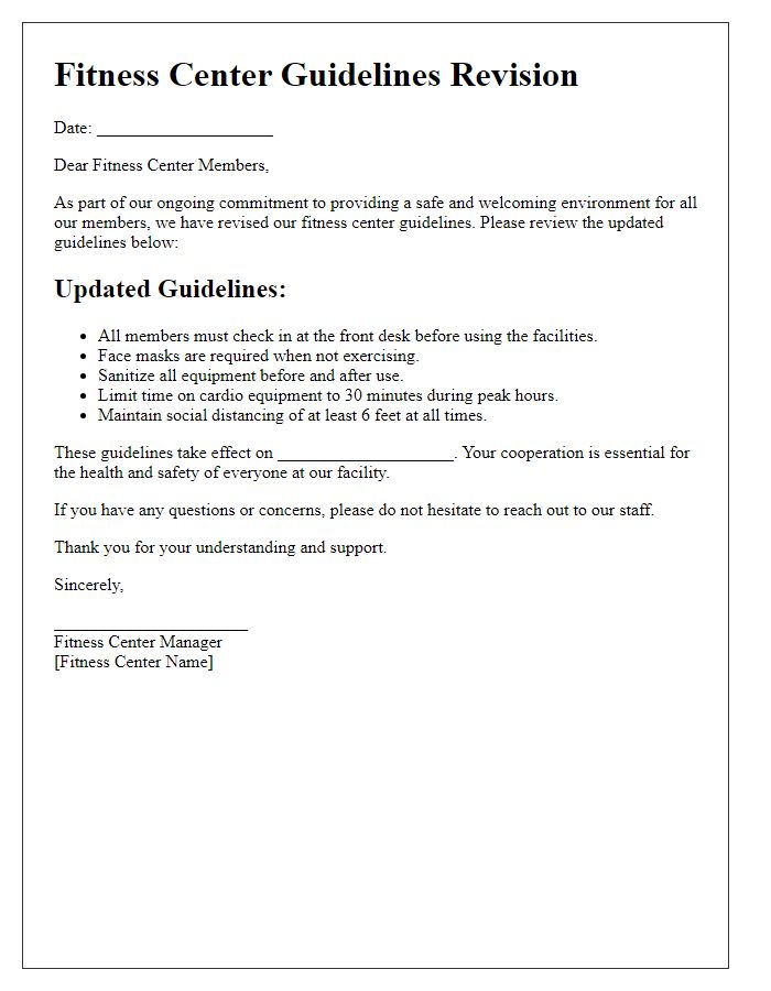 Letter template of fitness center guidelines revision