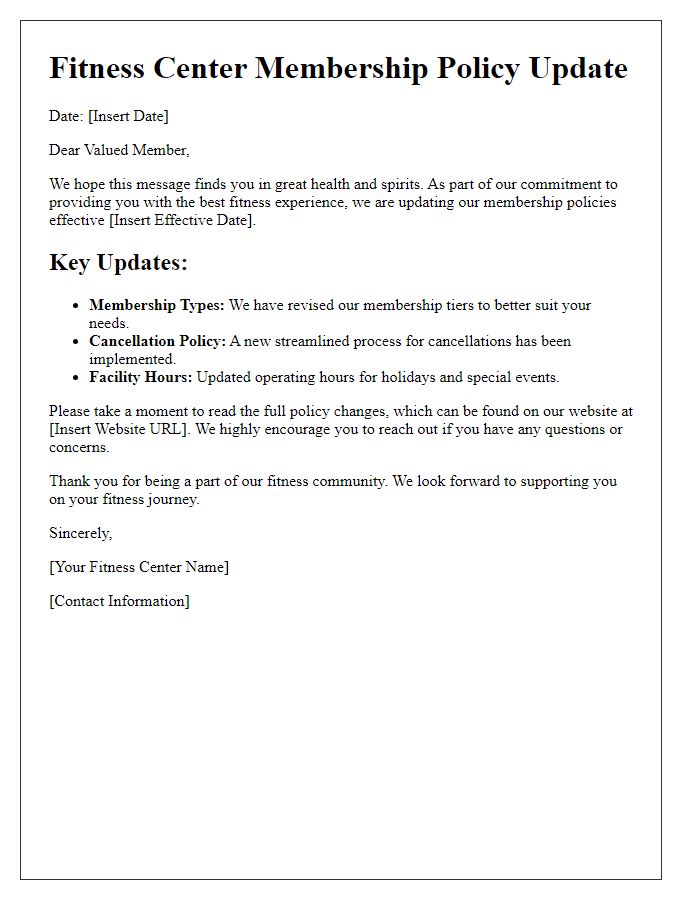 Letter template of fitness center membership policy update