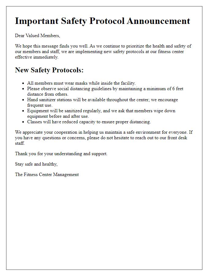 Letter template of fitness center safety protocol announcement