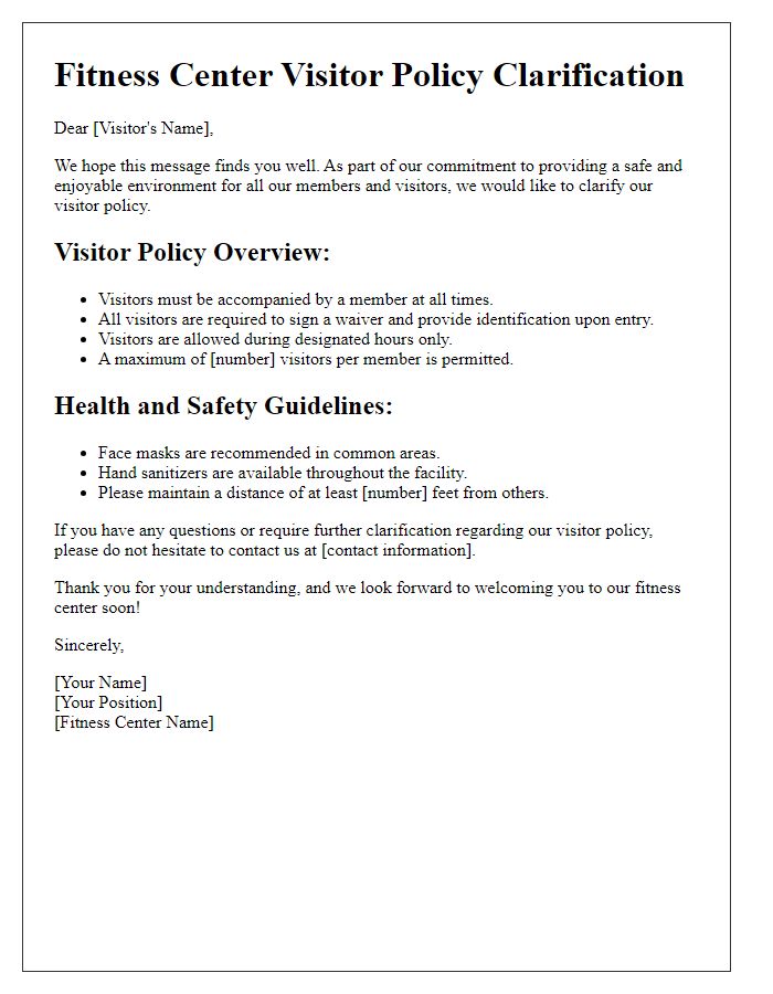 Letter template of fitness center visitor policy clarification