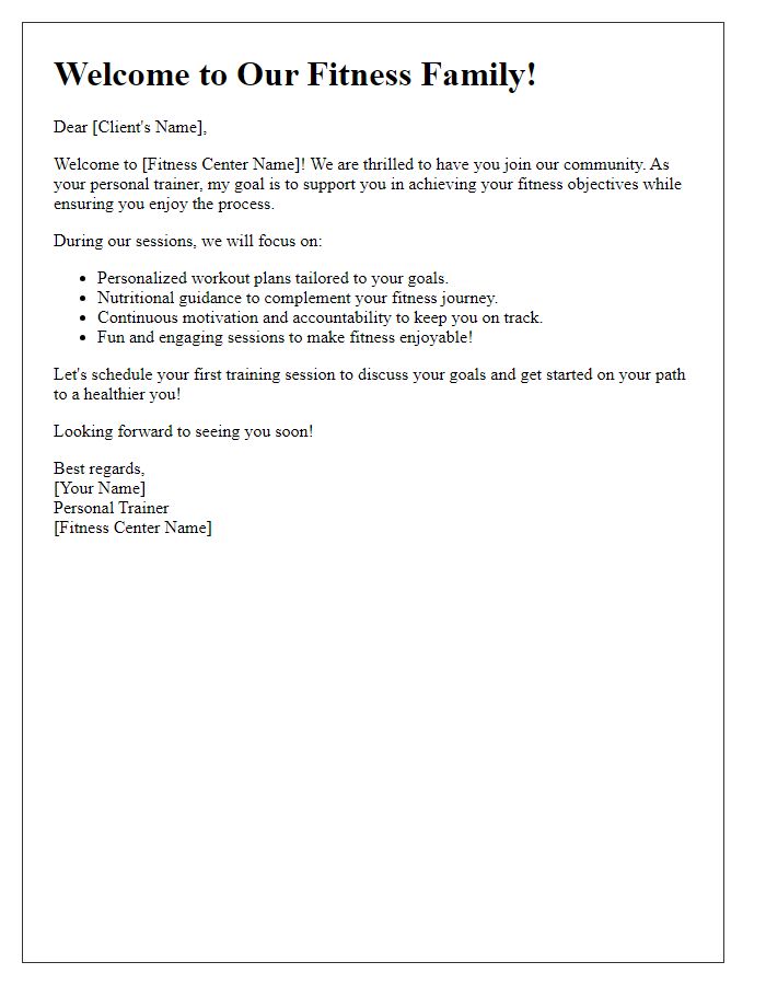 Letter template of fitness center personal trainer welcome message.