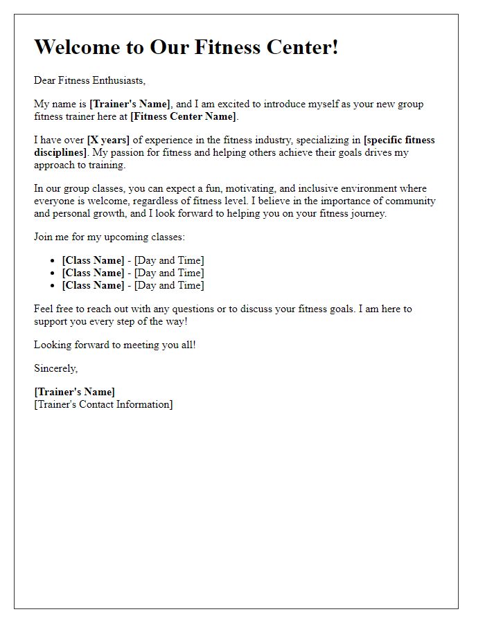 Letter template of fitness center trainer introduction for group classes.