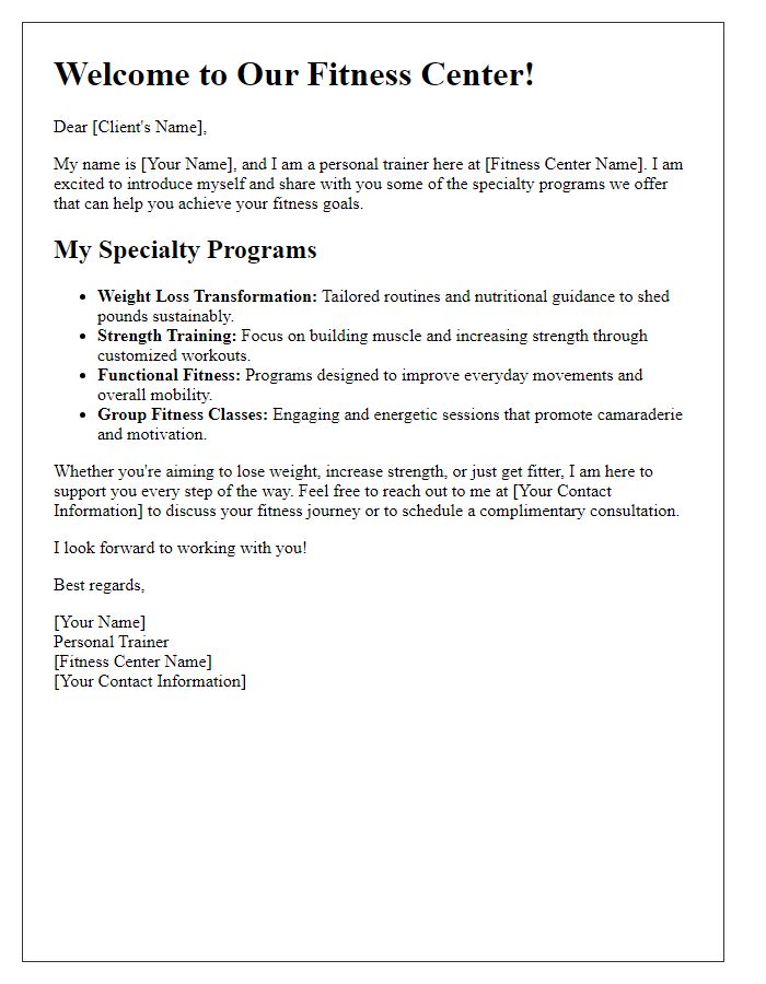 Letter template of personal trainer introduction highlighting specialty programs at a fitness center.