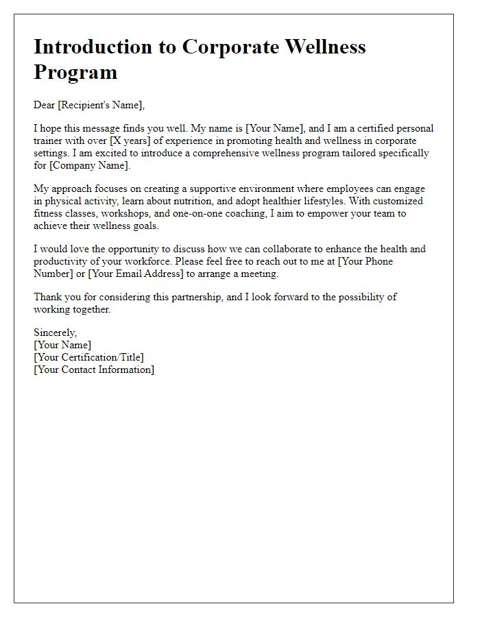 Letter template of personal trainer introduction tailored for corporate wellness programs.