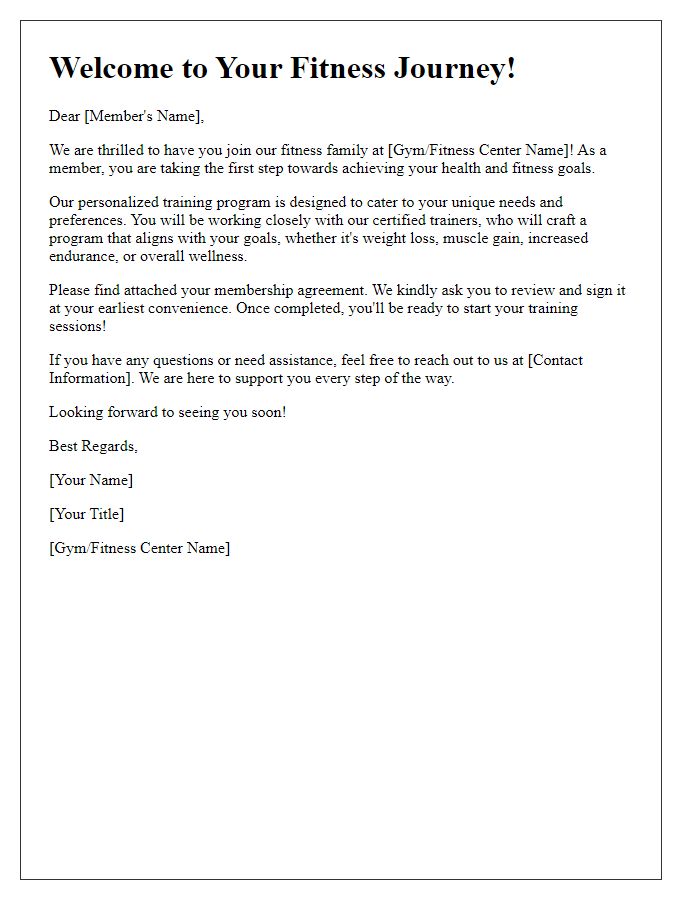 Letter template of personalized fitness training introduction for membership signing.