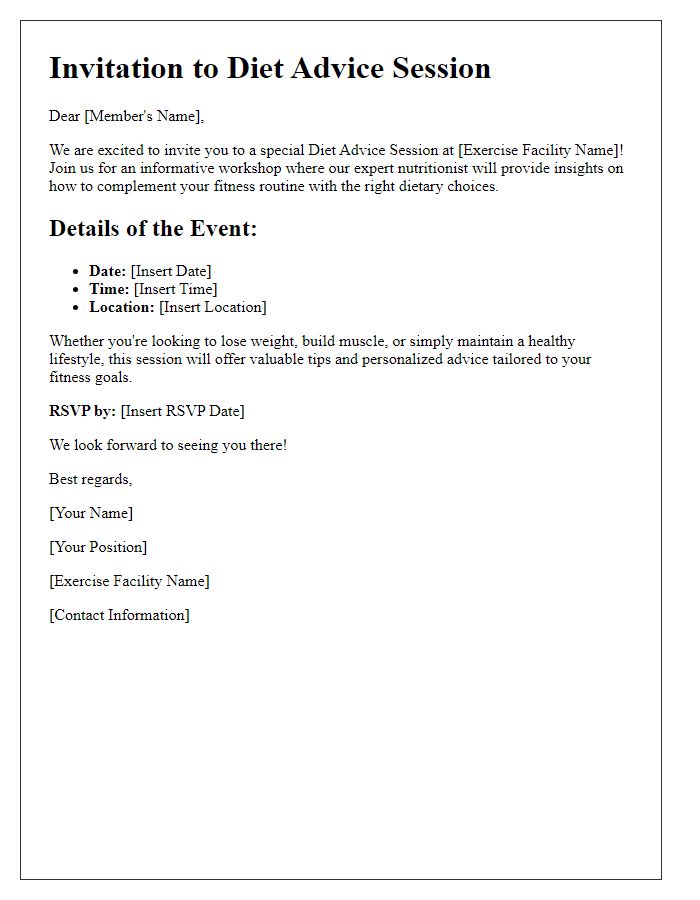 Letter template of Exercise Facility Diet Advice Invitation