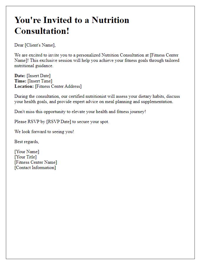 Letter template of Fitness Center Nutrition Consultation Invitation