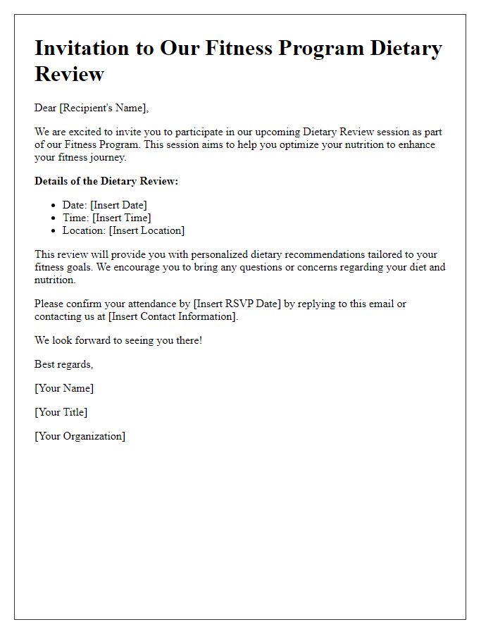 Letter template of Fitness Program Dietary Review Invitation