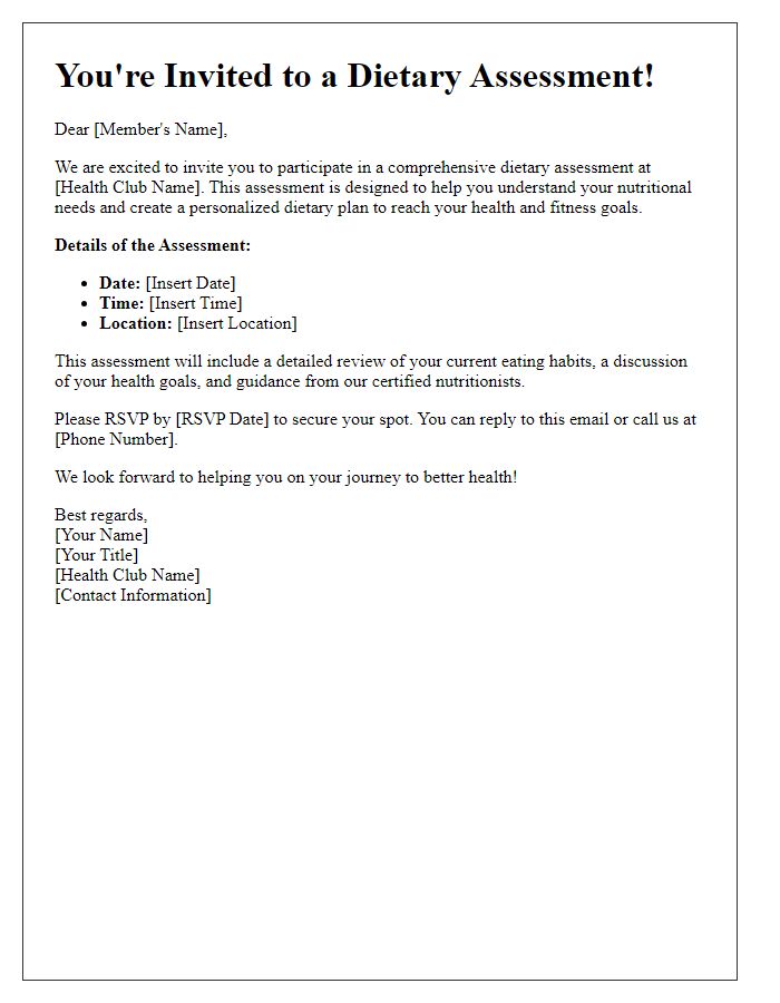 Letter template of Health Club Dietary Assessment Invitation