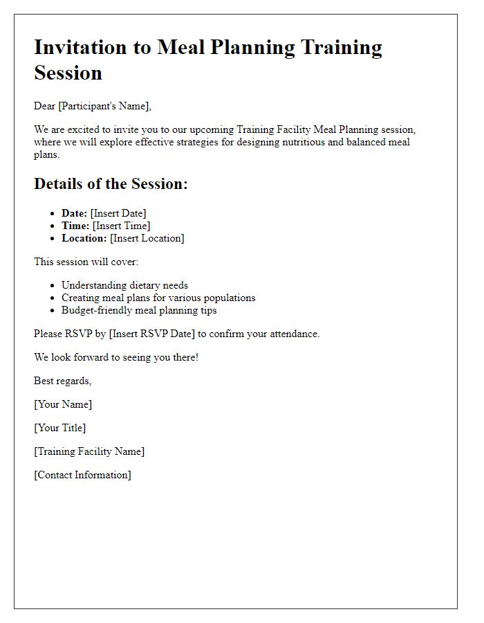 Letter template of Training Facility Meal Planning Invitation