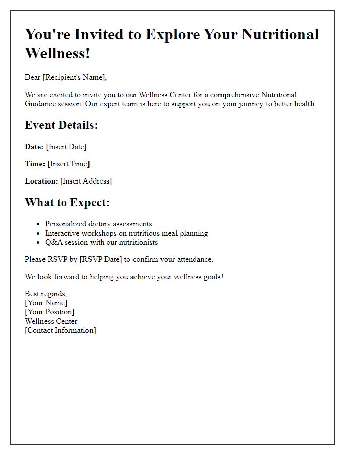 Letter template of Wellness Center Nutritional Guidance Invitation