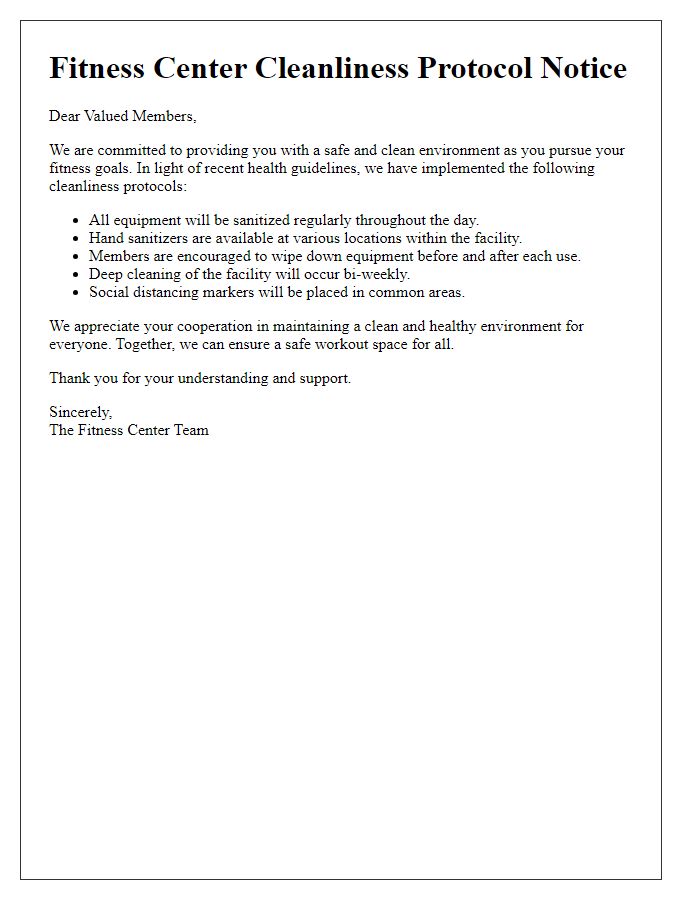 Letter template of fitness center cleanliness protocol notice