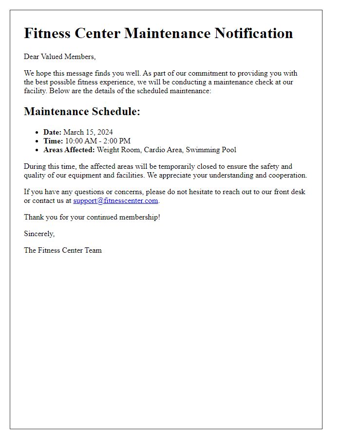 Letter template of fitness center maintenance schedule notification