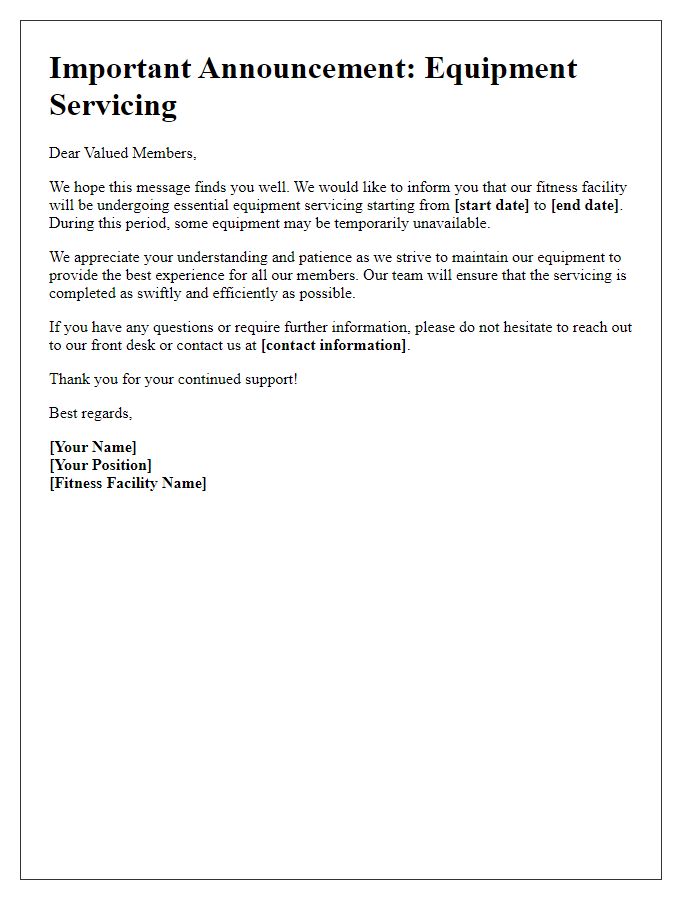 Letter template of fitness facility equipment servicing announcement