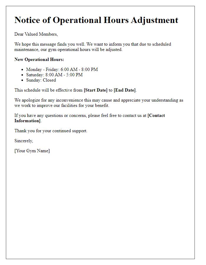 Letter template of gym operational hours adjustment due to maintenance