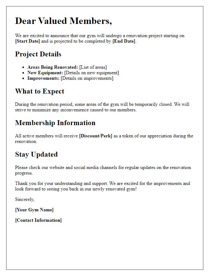 Letter template of gym renovation project information